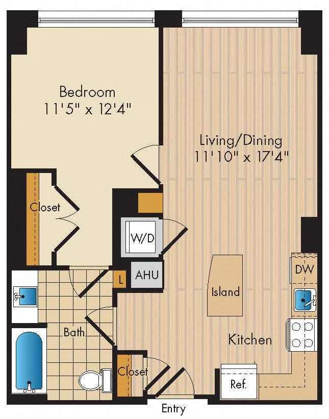Floor plan for 1 bed, 1 bath, 719 sqft